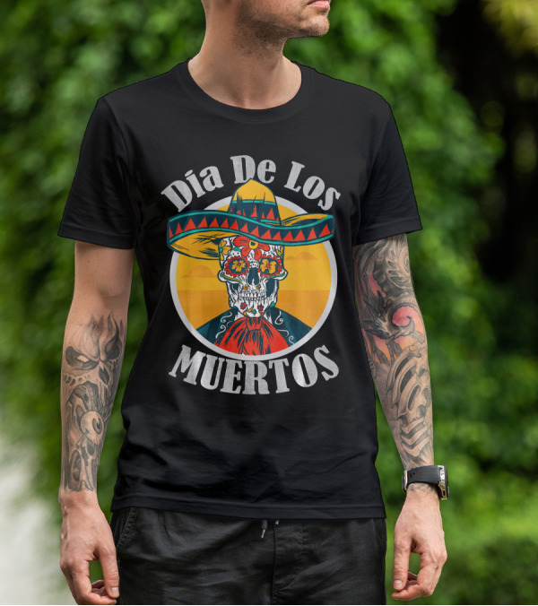 Dia De Los Muertos Skull With Sombrero And Floral Decoration T-Shirt