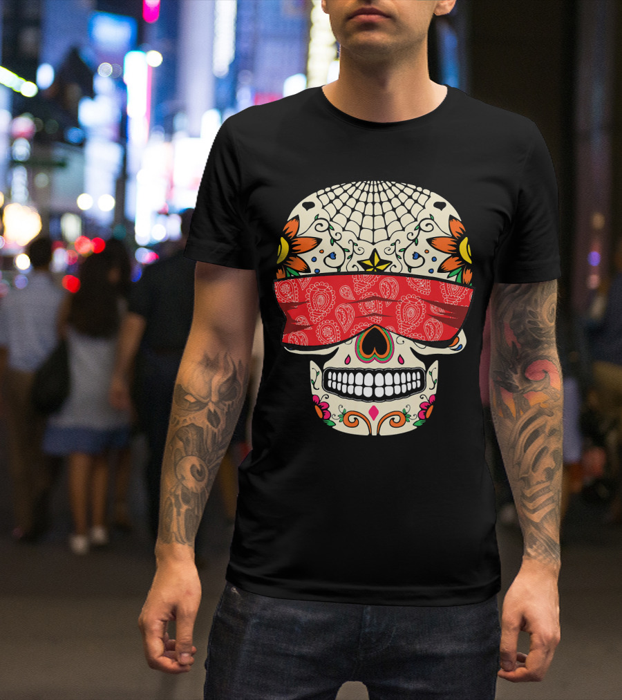 See No Evil Sugar Skull With Red Bandana And Floral Motifs T-Shirt
