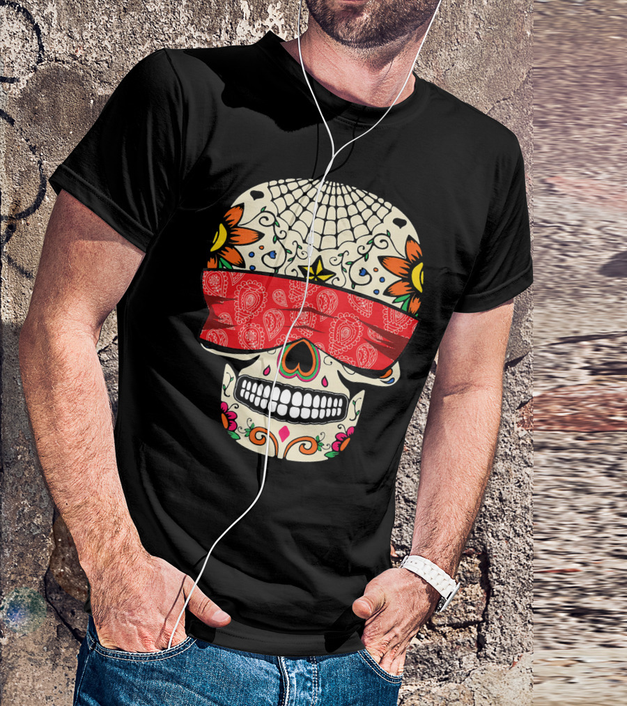 See No Evil Sugar Skull With Red Bandana And Floral Motifs T-Shirt
