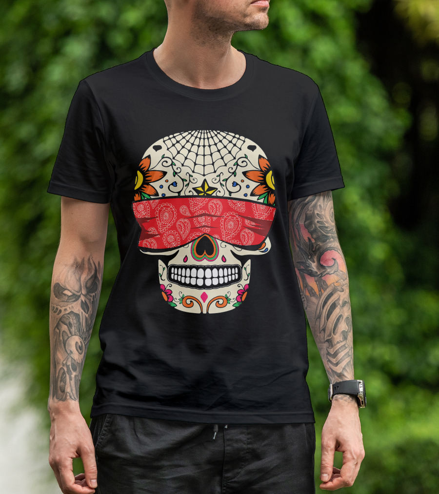 See No Evil Sugar Skull With Red Bandana And Floral Motifs T-Shirt