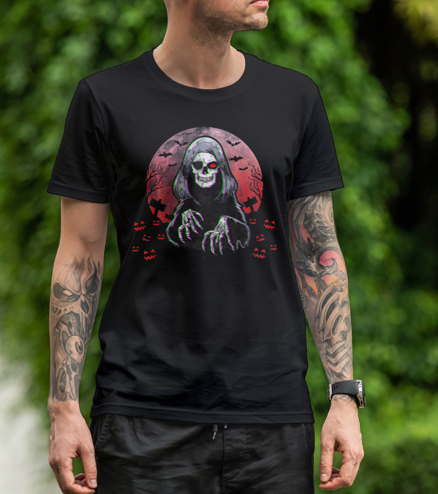 Grim Reaper Angel Of Death Halloween Horror Spooky Night Bats Pumpkins Crosses Skull T-Shirt