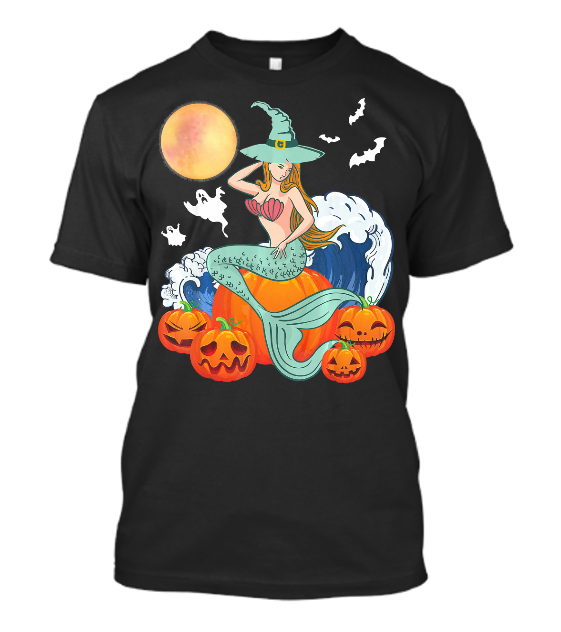 Scary Moon Pumpkin Ghosts Mermaid Witch With Jack-O'-Lanterns And Bats T-Shirt
