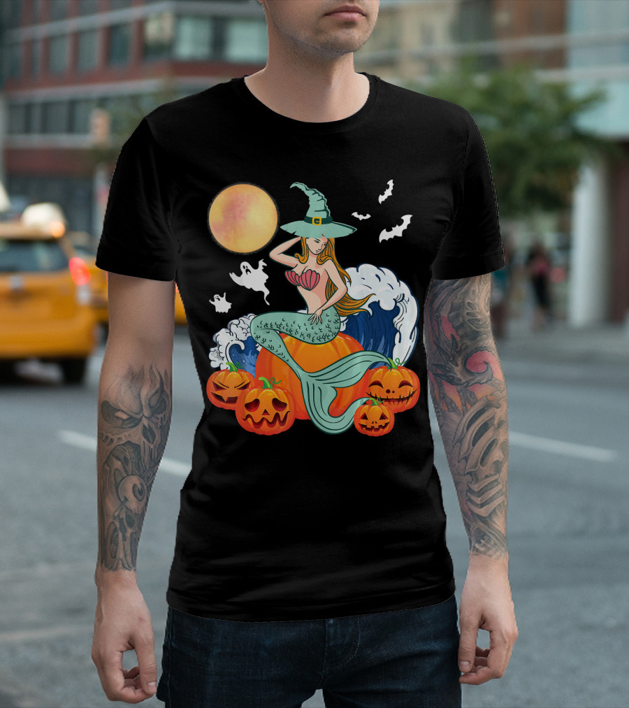 Scary Moon Pumpkin Ghosts Mermaid Witch with Jack-O'-Lanterns and Bats T-Shirt