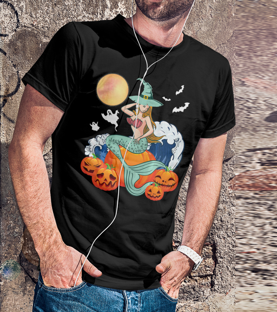 Scary Moon Pumpkin Ghosts Mermaid Witch With Jack-O'-Lanterns And Bats T-Shirt