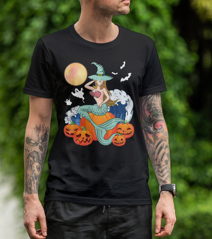 Scary Moon Pumpkin Ghosts Mermaid Witch With Jack-O'-Lanterns And Bats T-Shirt