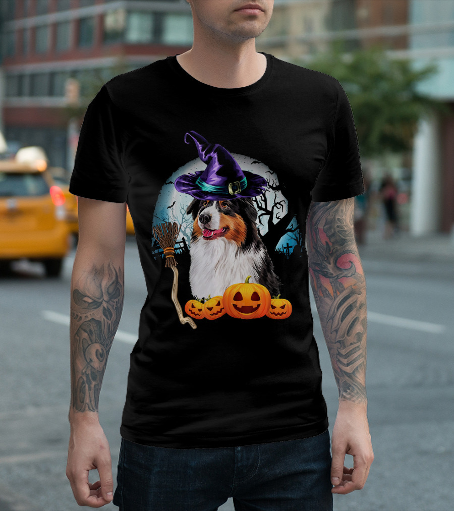Australian Shepherd Halloween Witch Hat Dog with Pumpkins and Broomstick T-Shirt
