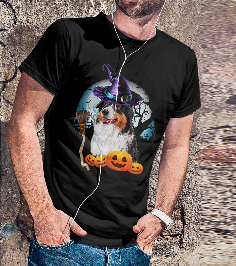 Australian Shepherd Halloween Witch Hat Dog With Pumpkins And Broomstick T-Shirt