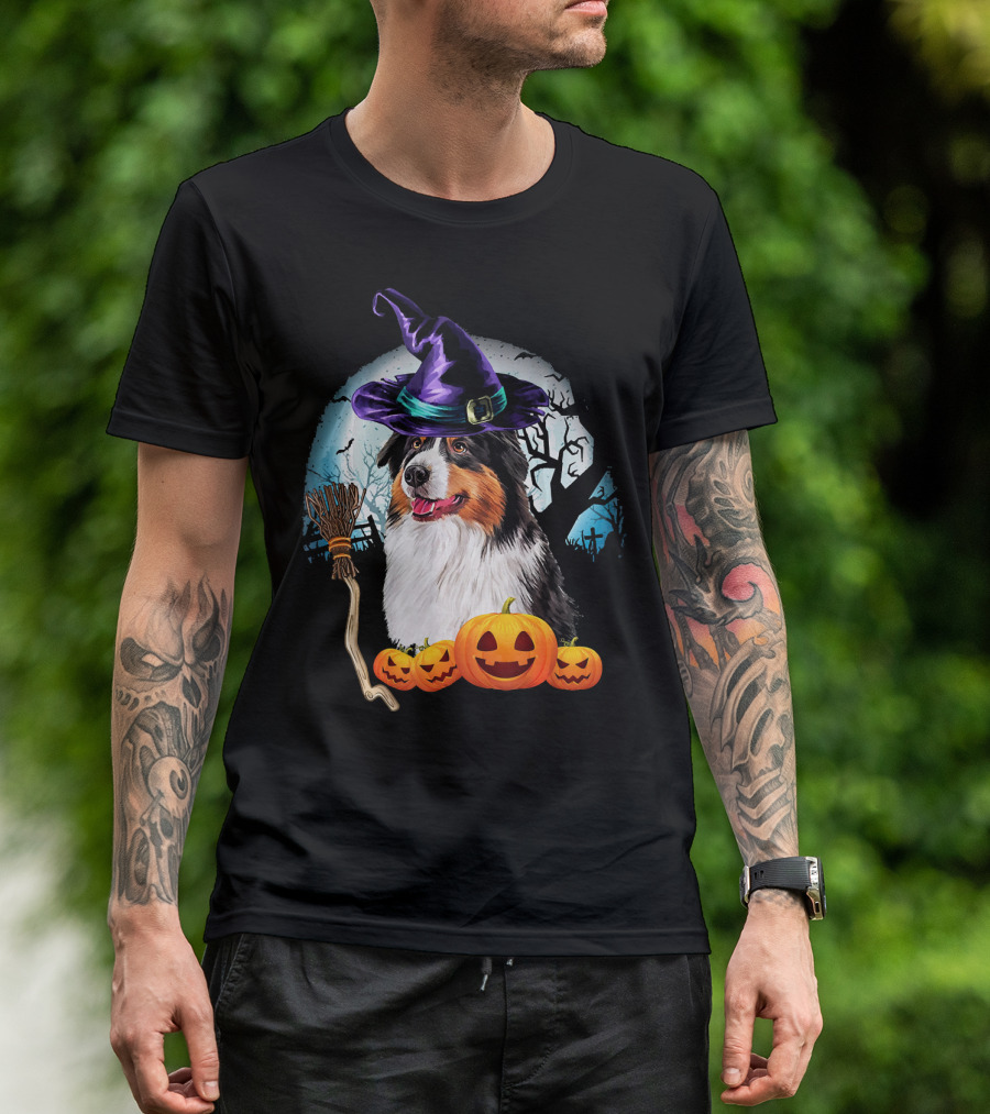 Australian Shepherd Halloween Witch Hat Dog With Pumpkins And Broomstick T-Shirt