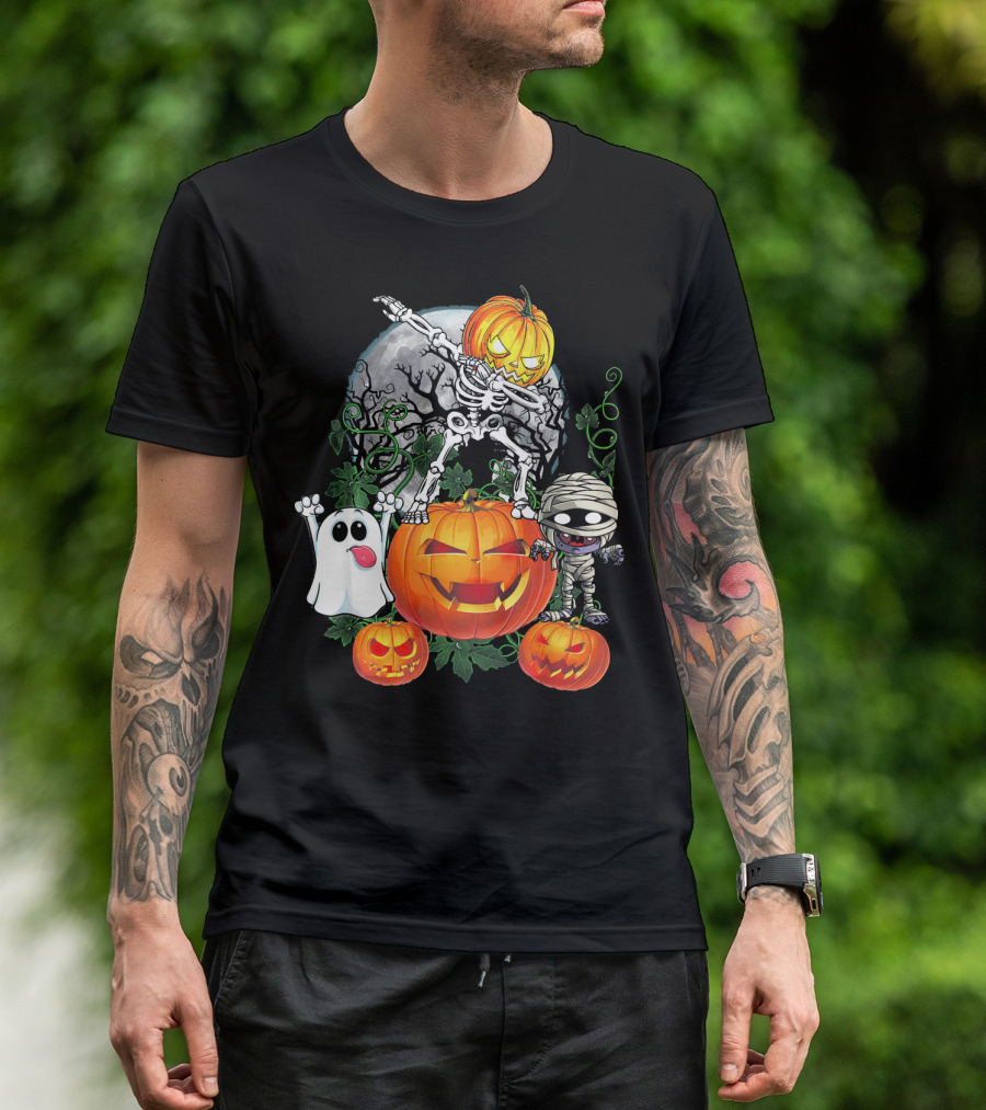 Dabbing Skeleton Pumpkin Ghost Mummy Halloween Moon Scene T-Shirt
