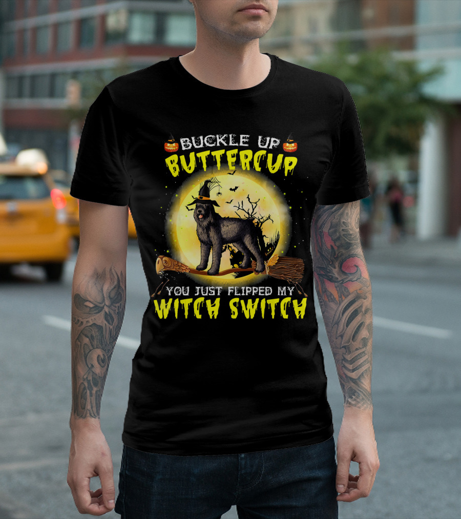 Buckle Up Buttercup You Just Flipped My Witch Switch Halloween Dog on Broom T-Shirt