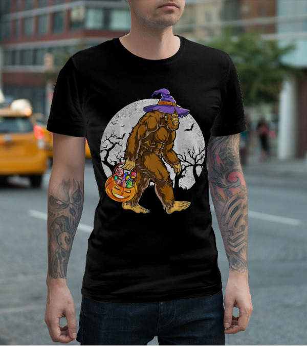 Bigfoot Witch Carrying Pumpkin Candy Basket In Spooky Moonlit Forest T-Shirt