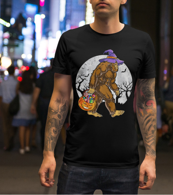 Bigfoot Witch Carrying Pumpkin Candy Basket In Spooky Moonlit Forest T-Shirt