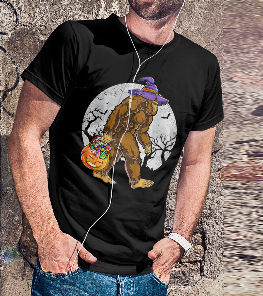 Bigfoot Witch Carrying Pumpkin Candy Basket In Spooky Moonlit Forest T-Shirt