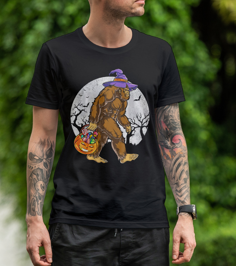 Bigfoot Witch Carrying Pumpkin Candy Basket In Spooky Moonlit Forest T-Shirt