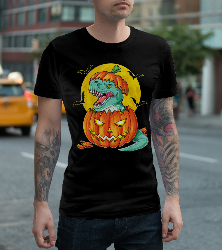 Dinosaur Pumpkin Halloween Moon Bats T-Shirt