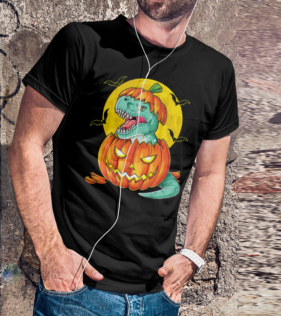 Dinosaur Pumpkin Halloween Moon Bats T-Shirt