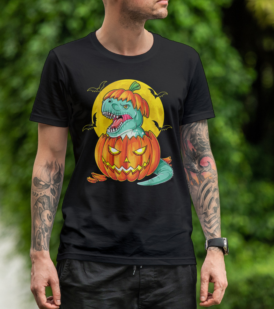 Dinosaur Pumpkin Halloween Moon Bats T-Shirt