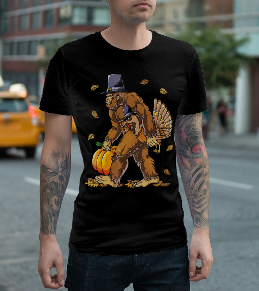 Thanksgiving Bigfoot Pilgrim Turkey Pumpkin Autumn Leaves T-Shirt