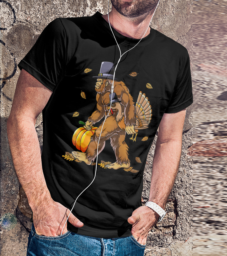 Thanksgiving Bigfoot Pilgrim Turkey Pumpkin Autumn Leaves T-Shirt