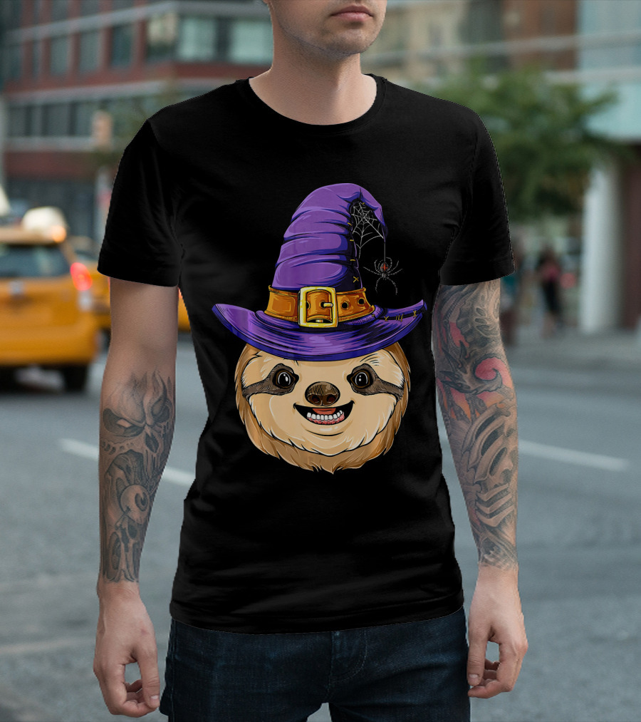 Sloth Witch Halloween Purple Hat Spider T-Shirt