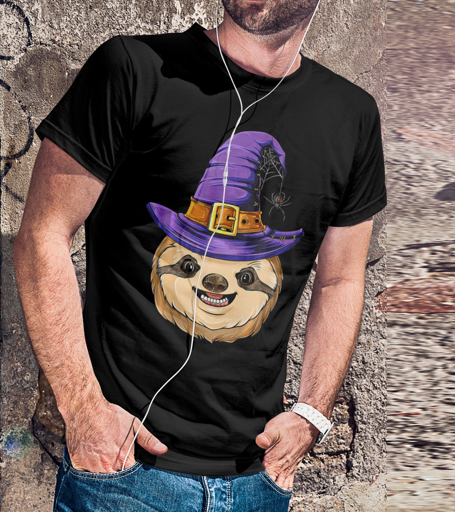 Sloth Witch Halloween Purple Hat Spider T-Shirt