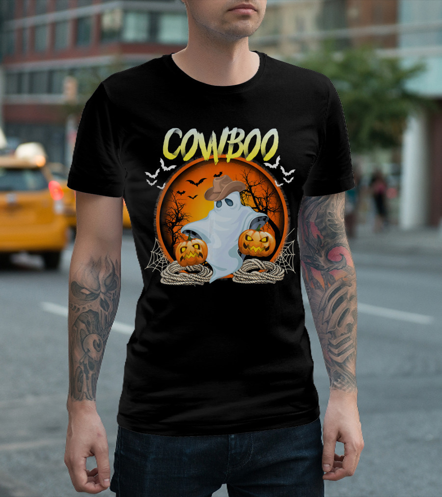 Cowboo Halloween Ghost in Cowboy Hat with Pumpkins and Bats T-Shirt