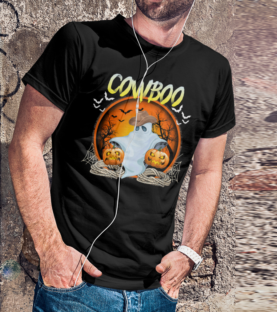 Cowboo Halloween Ghost In Cowboy Hat With Pumpkins And Bats T-Shirt