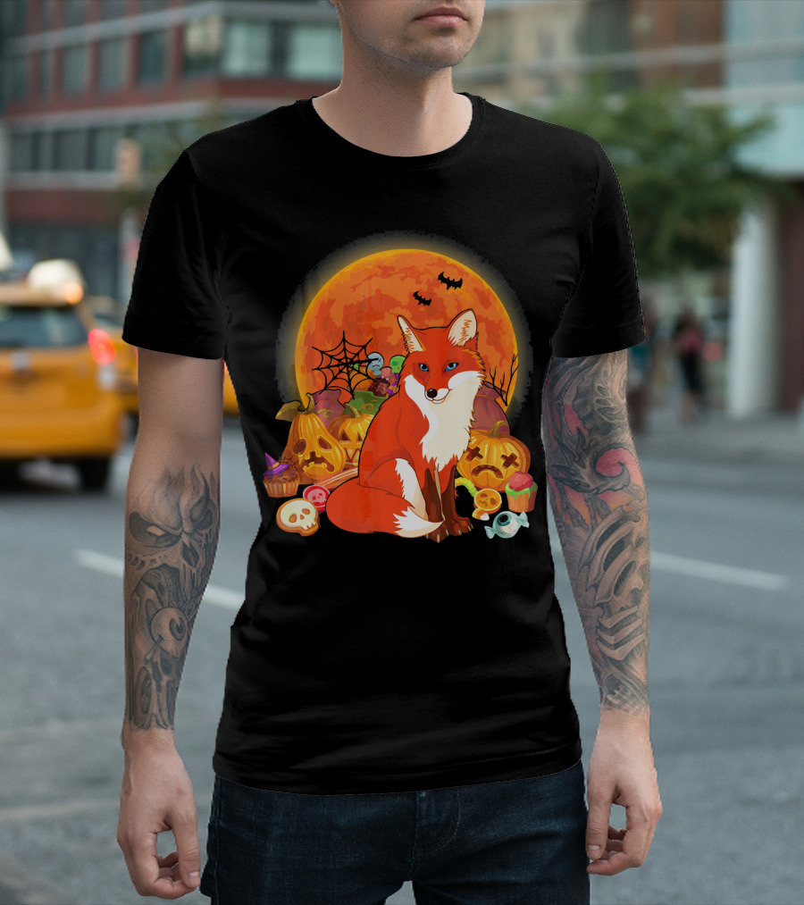 Funny Fox Halloween Full Moon Pumpkin Candy Scene T-Shirt