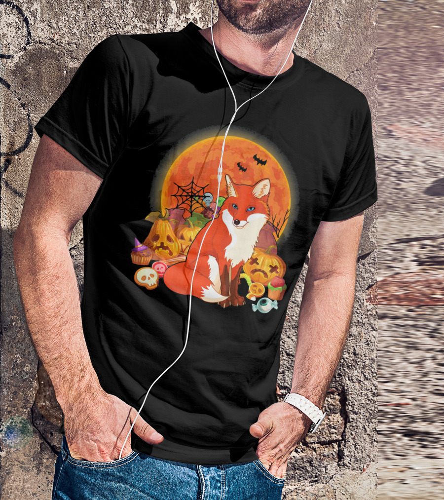Funny Fox Halloween Full Moon Pumpkin Candy Scene T-Shirt