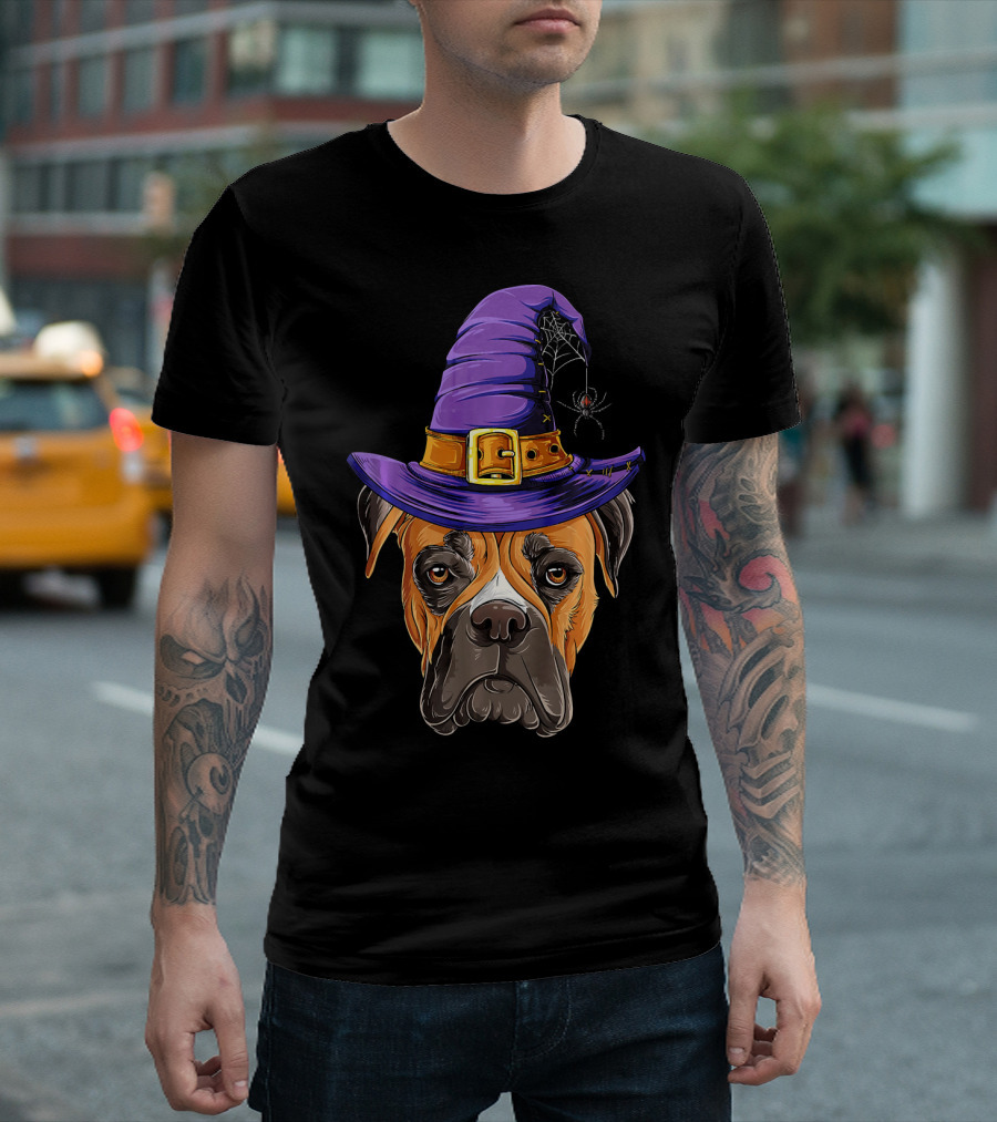 Boxer Dog Halloween Witch Hat Spider T-Shirt