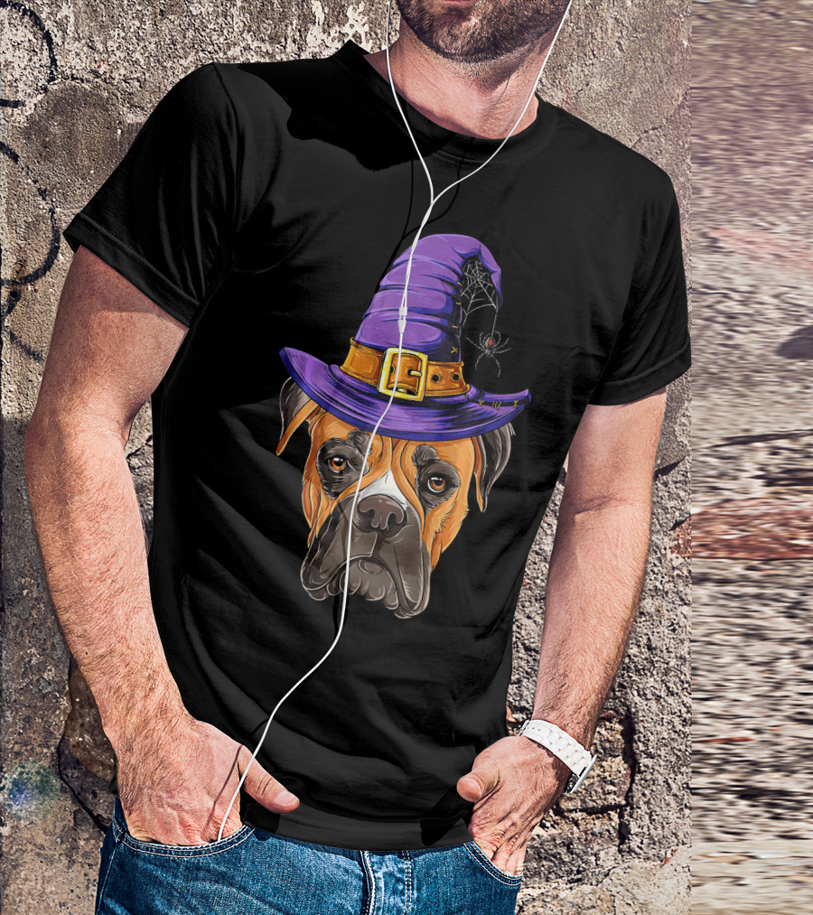 Boxer Dog Halloween Witch Hat Spider T-Shirt