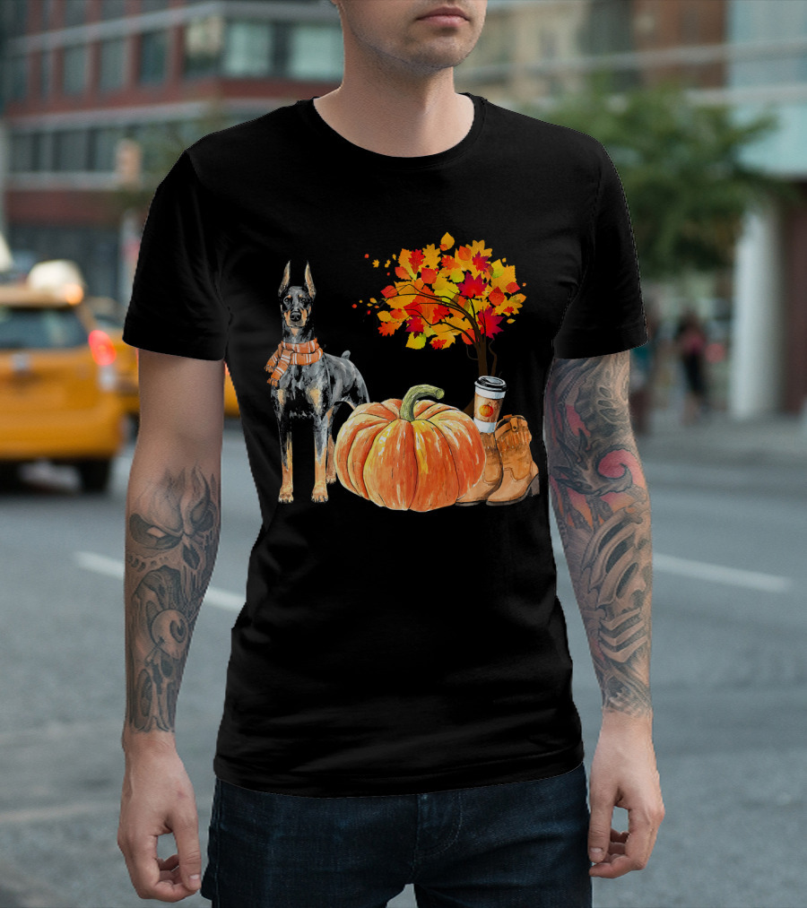 Doberman Pinscher Scarf Pumpkin Spice Autumn Boots Cozy Fall Leaves T-Shirt