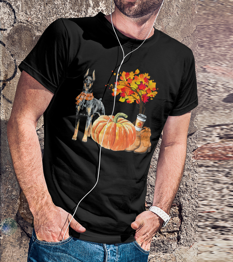 Doberman Pinscher Scarf Pumpkin Spice Autumn Boots Cozy Fall Leaves T-Shirt