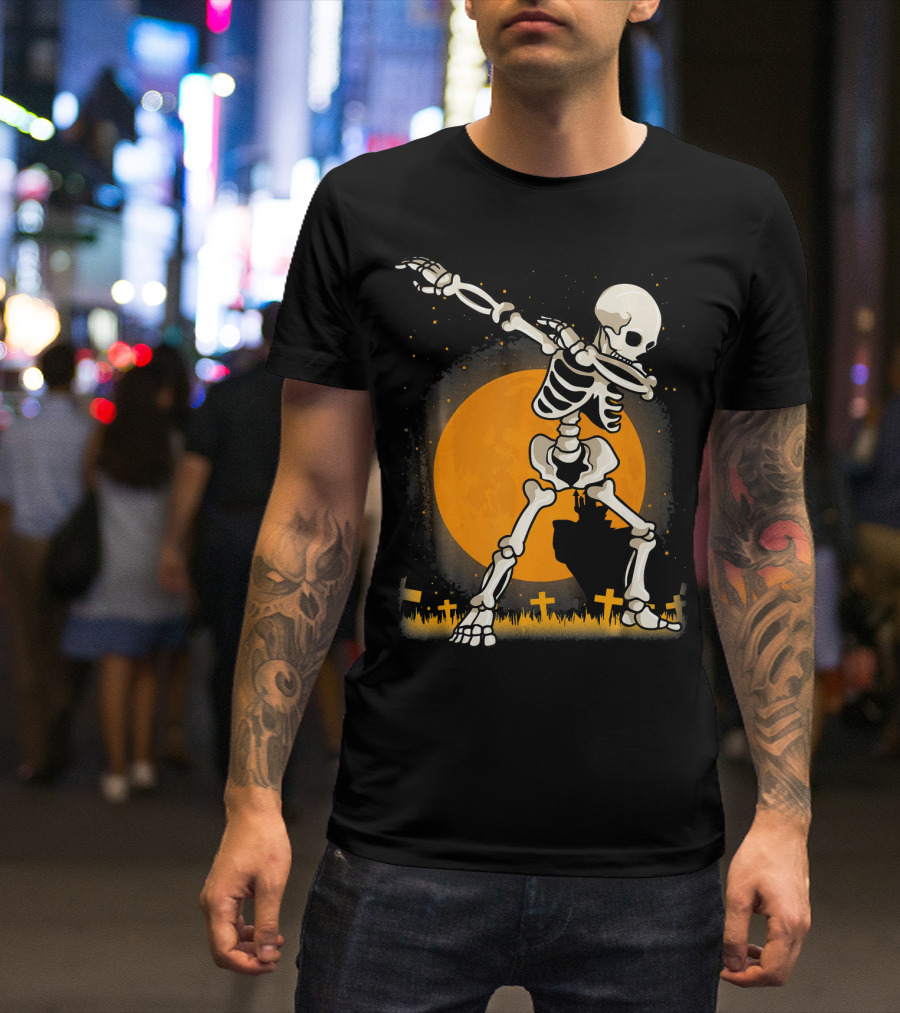 Halloween Skeleton Dabbing In Graveyard With Full Moon T-Shirt