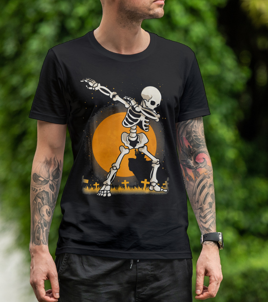 Halloween Skeleton Dabbing In Graveyard With Full Moon T-Shirt