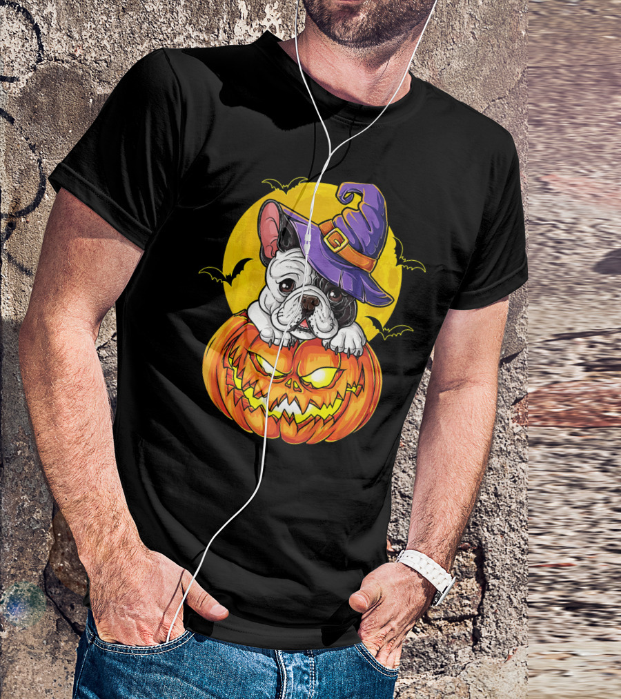 Halloween French Bulldog Witch In Pumpkin With Full Moon And Bats T-Shirt