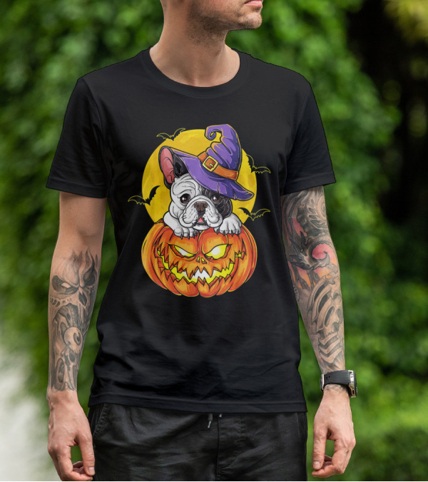 Halloween French Bulldog Witch In Pumpkin With Full Moon And Bats T-Shirt