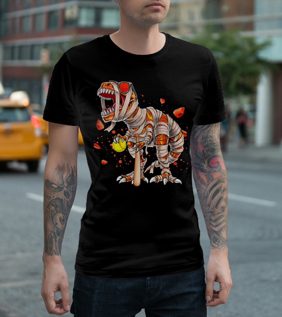 Mummy Dinosaur Playing Softball with Bat and Ball T-Shirt