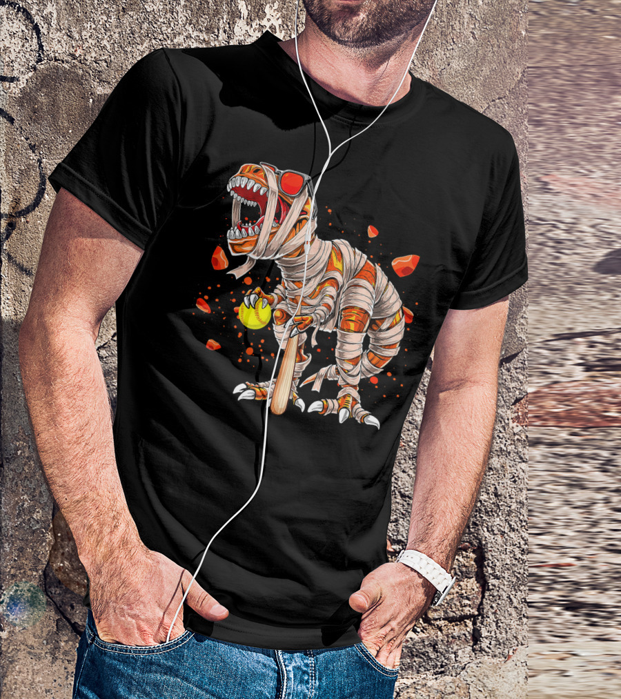 Mummy Dinosaur Playing Softball With Bat And Ball T-Shirt
