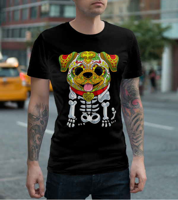 Dia De Los Muertos And Halloween Sugar Skull Dog Skeleton T-Shirt
