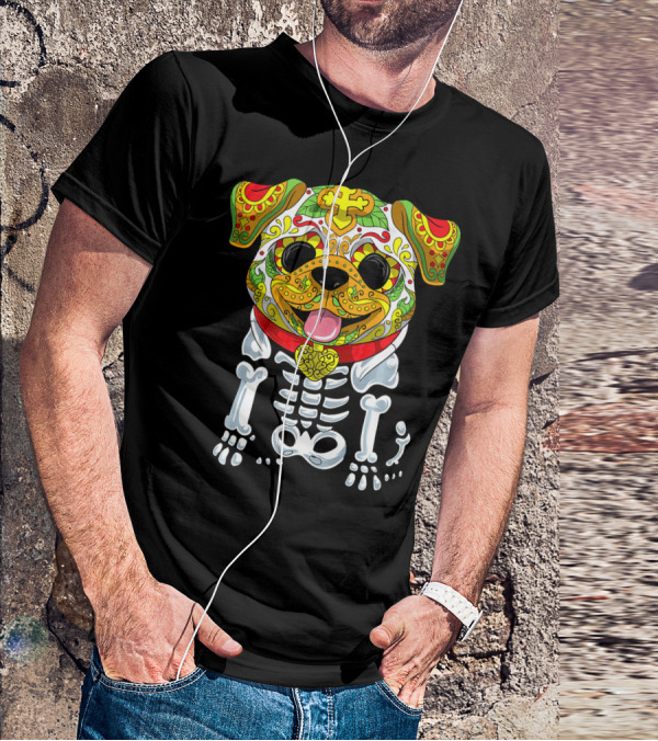 Dia De Los Muertos And Halloween Sugar Skull Dog Skeleton T-Shirt