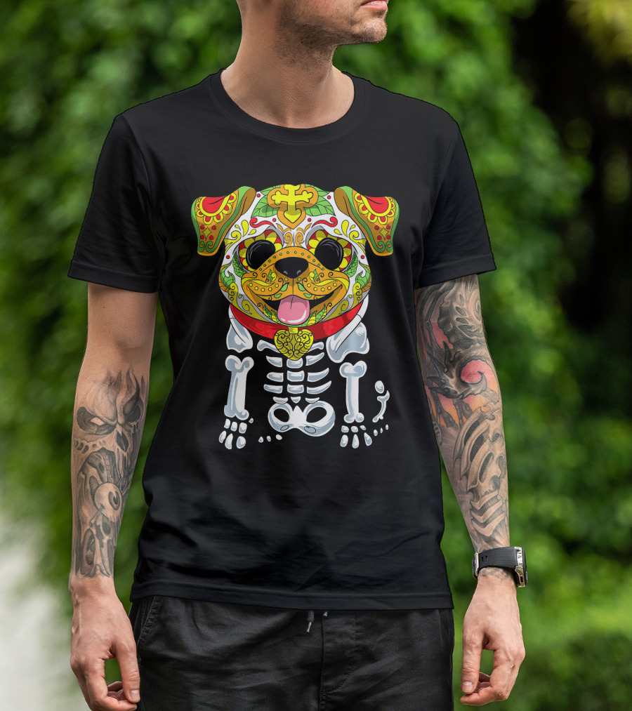 Dia De Los Muertos And Halloween Sugar Skull Dog Skeleton T-Shirt