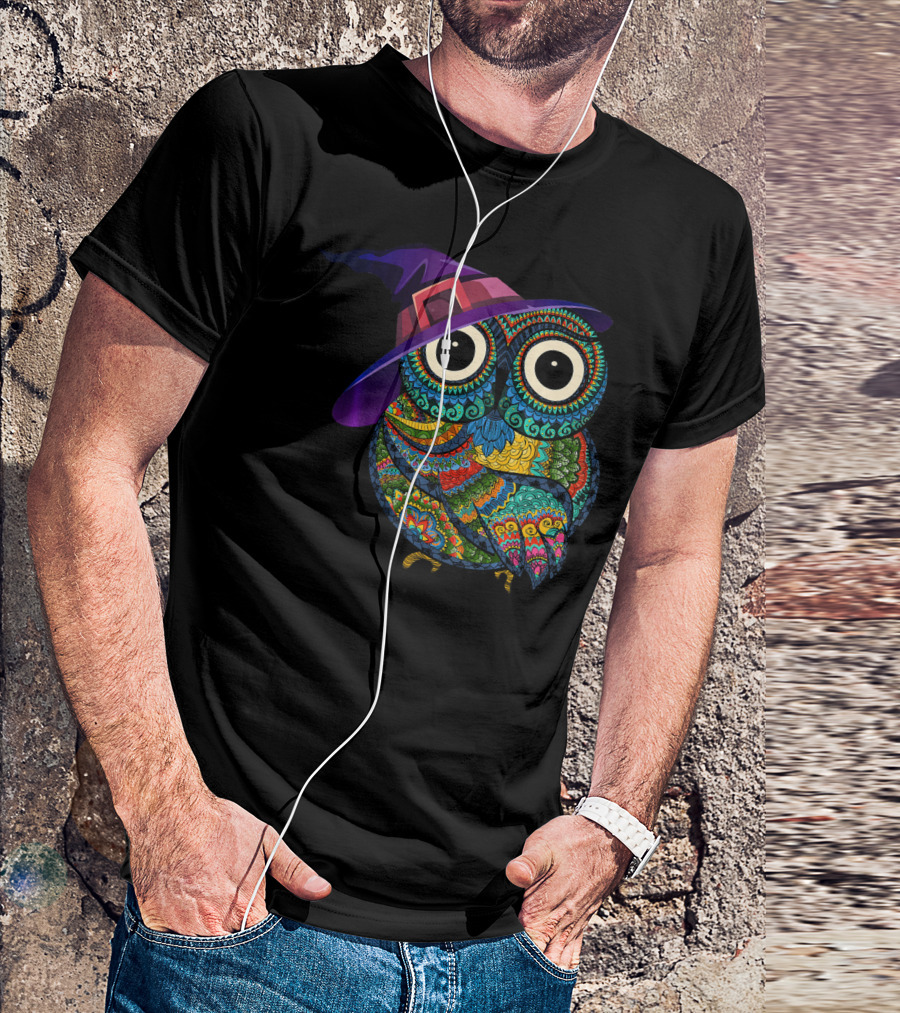 Colorful Owl With Witch Hat In Halloween Costume Fun T-Shirt