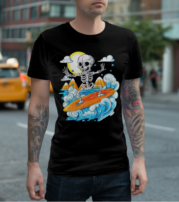 Skeleton Surfing Halloween On Hawaiian Waves With Sun And Clouds T-Shirt