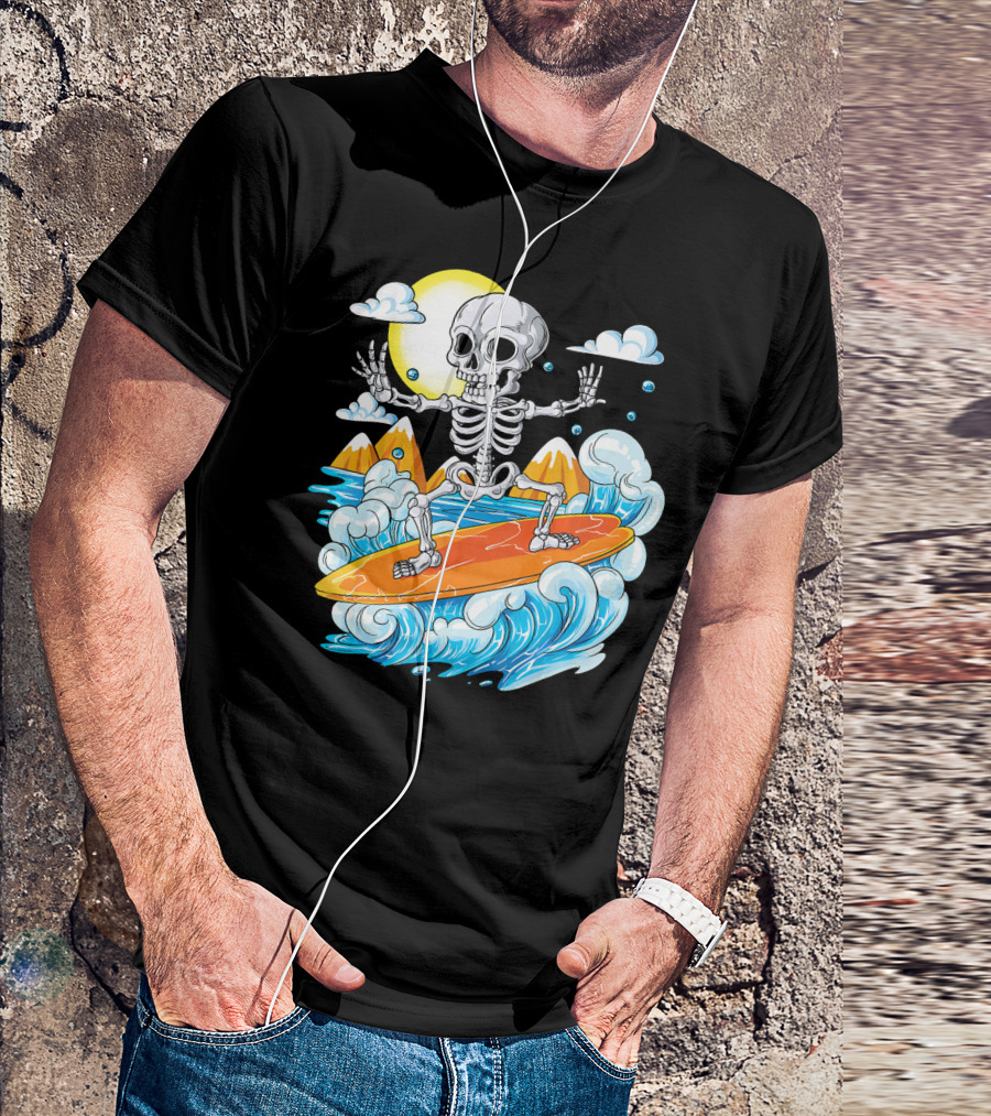 Skeleton Surfing Halloween On Hawaiian Waves With Sun And Clouds T-Shirt