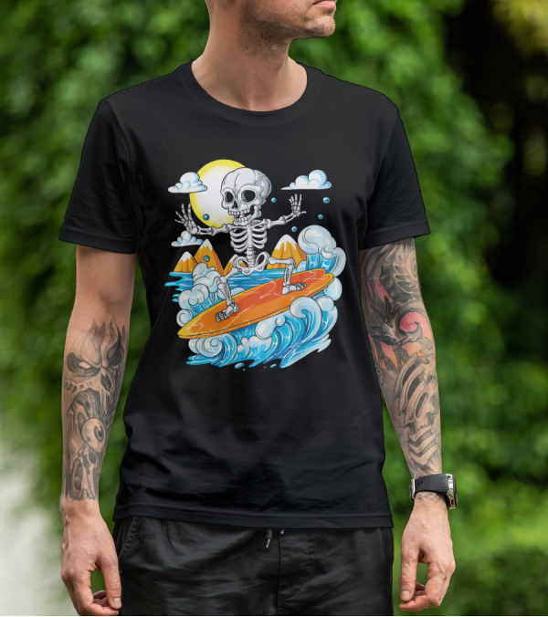 Skeleton Surfing Halloween On Hawaiian Waves With Sun And Clouds T-Shirt
