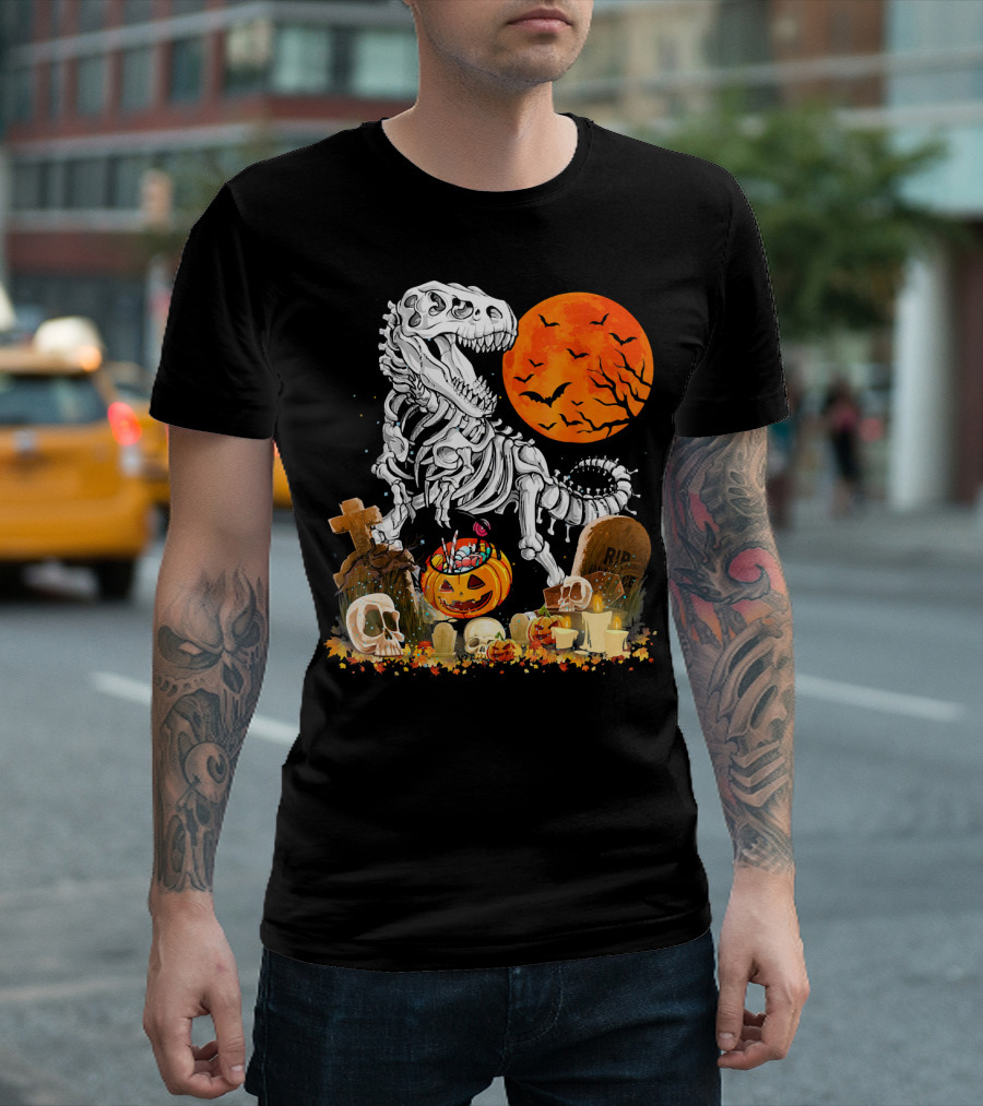 Halloween Dinosaur Rex Skeleton with Pumpkin and Full Moon T-Shirt