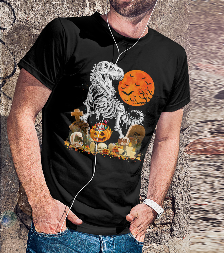 Halloween Dinosaur Rex Skeleton With Pumpkin And Full Moon T-Shirt