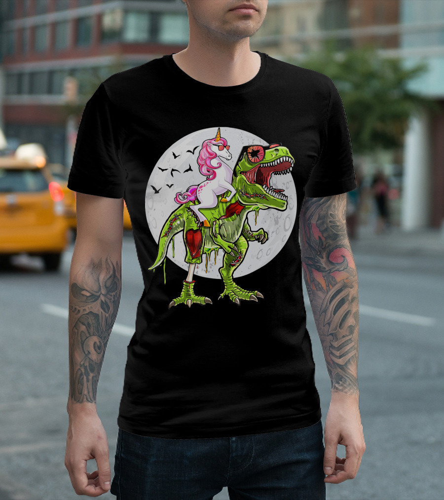 Funny Halloween Unicorn Riding Zombie Dinosaur with Bats and Full Moon T-Shirt