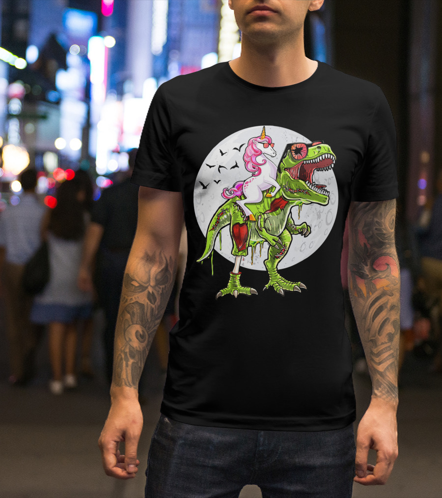 Funny Halloween Unicorn Riding Zombie Dinosaur With Bats And Full Moon T-Shirt